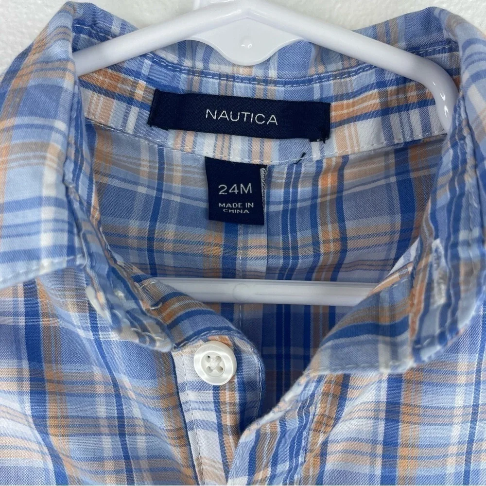 NAUTICA Kids Baby Boy Bright Preppy Plaid Button Up Onesie Size 24 Month
